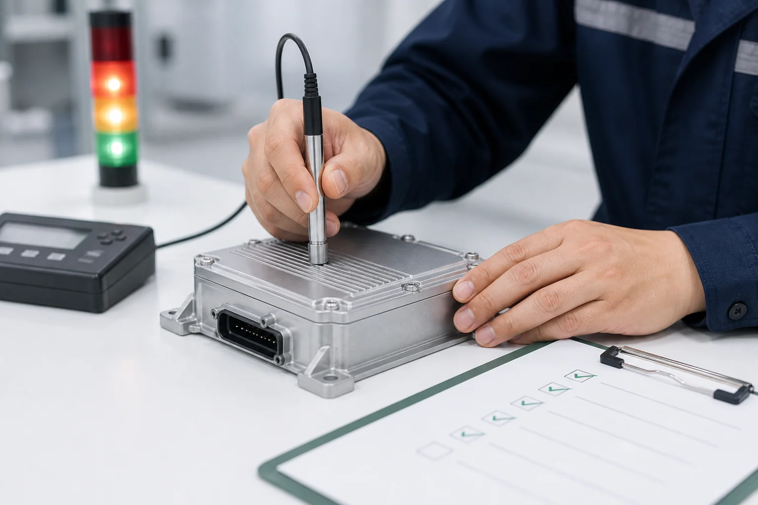 A technician performing product inspection